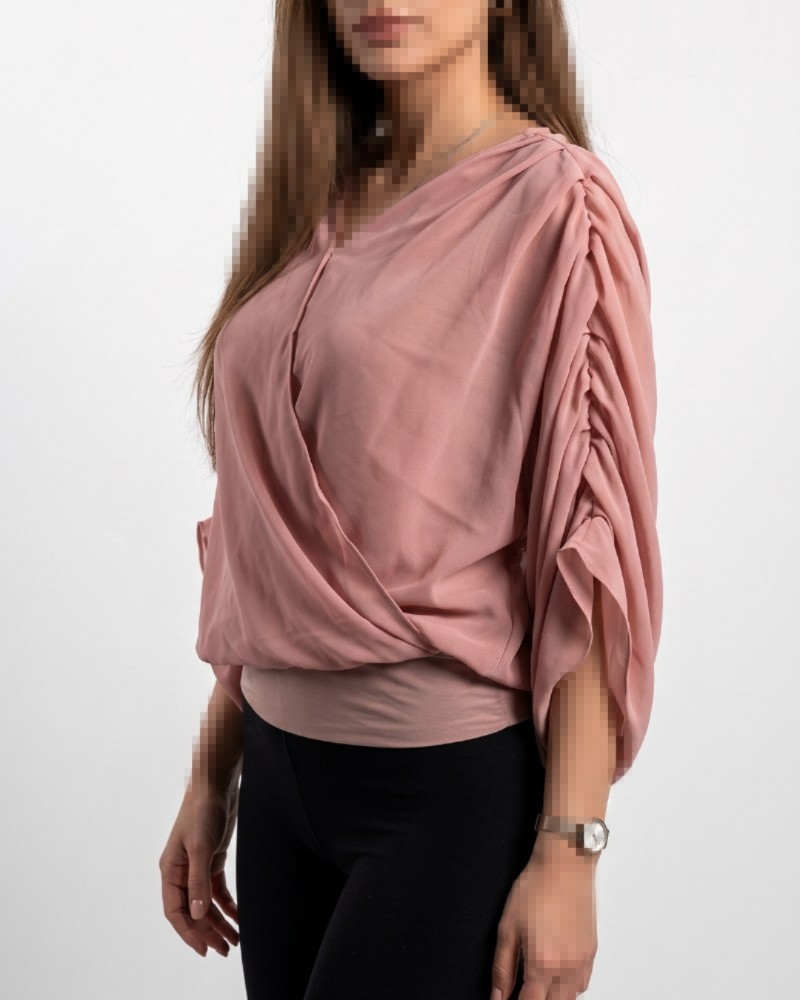 شومیز چپ و راستی حریر استین سه ربع پایین کش رنگ کالباسی زنانه